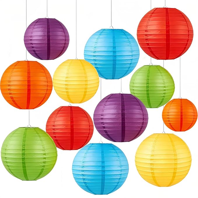 Colorful Paper Lanterns Set (12 Pcs) - 6/8/10 Inch Purple, Orange Red,Blue,Yellow, Red,Green Round Hanging Paper Lanterns for Rainbow Party, Carnival Celebration, Back to School Decor