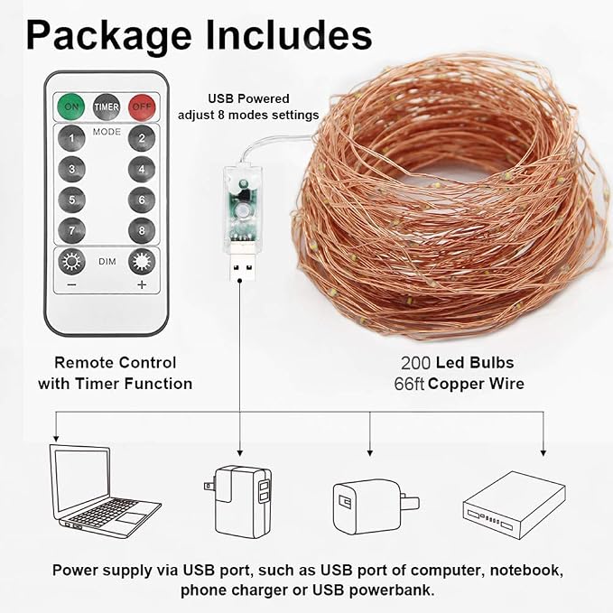 Twinkle Star 200 LED 66 FT Copper String Lights, Warm White | Fairy String Lights, 8 Modes, USB Powered, Remote Control, Christmas Tree Wedding Party Home Decoration