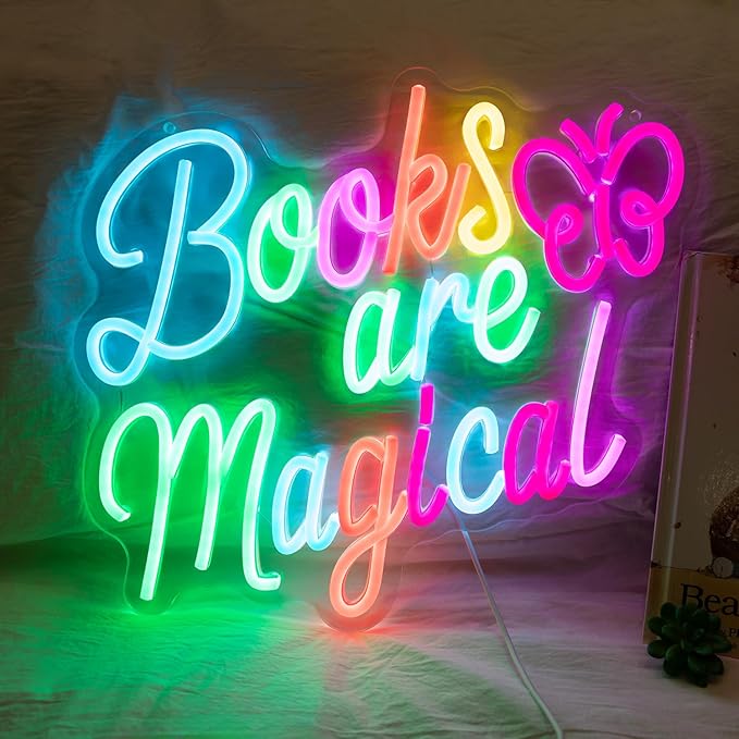 Books Are Magical Neon Sign, Neon Signs for Wall Decor, Dimmable Led Signs for Bedroom, Light Up Signs for Classroom Reading Room Book Party Library Decoration Decor 14.57 x 12.6 inch