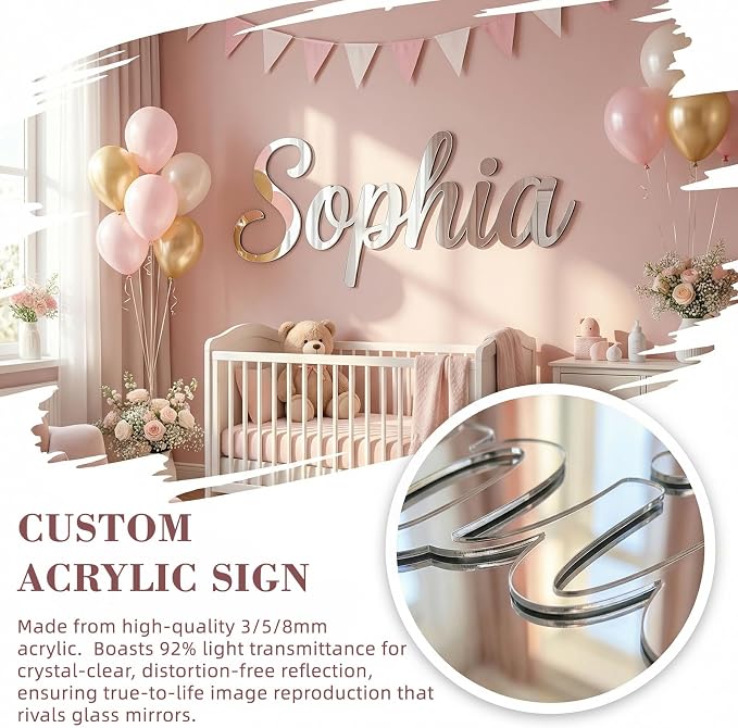 Custom Acrylic Name Sign for Nursery, Handmade 3D Laser Cut Personalized Name Mirror Sign for Wall, Home Bedroom Party Salon Birthday Gift Wedding Event
