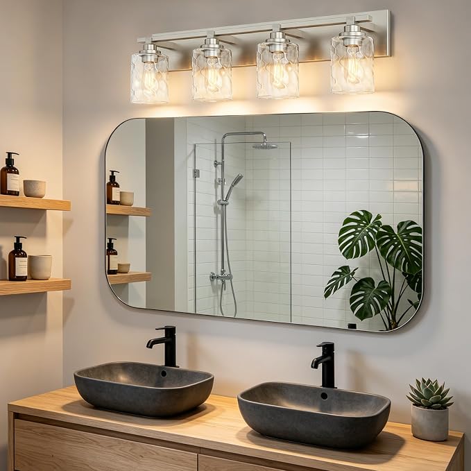 Modern Bathroom Lighting Fixtures Over Mirror, Vanity Lights for Bathroom, Wall Sconces with Clear Glass Shades, E26 Ceramic Socket, 4-Light 27.5-inch Brushed Nickel