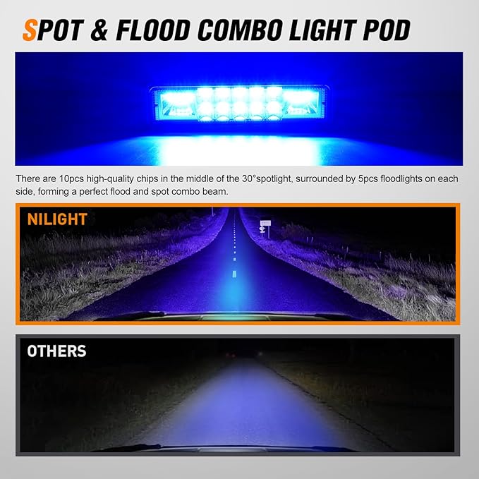 Nilight 6 Inch Blue LED Light Pods 2 PCS 60W Flood Spot Combo Beam Off Road Driving Fog Fishing Hunting Emergency Safety Signal Deck Trailer Lighting for 12V 24V ATV UTV Pickup Truck Tractor Boat