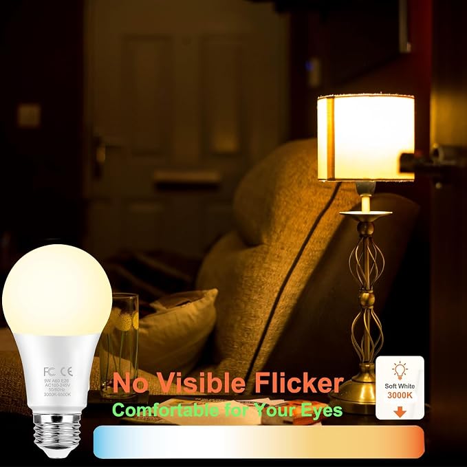 GRV E26 A60 9W Smart LED Light Bulb with a 2.4GHz Remote Control,Color Changing Led Bulbs,Stepless Dimmable 3000K-6500K,60W Incandescent Lamp Equivalent,800Lumens,Home Decor,1 Bulb & 1 Remote