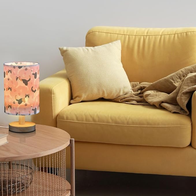 Cute Japanese Shorttail Cat and Paw Prints Hearts Bedside Table Lamps with USB Port for Bedroom Lamp Accent Table Lamp Small Nightstand Lamp Linen Shade Decorative Lamps for Kids|Reading|Dome|Home