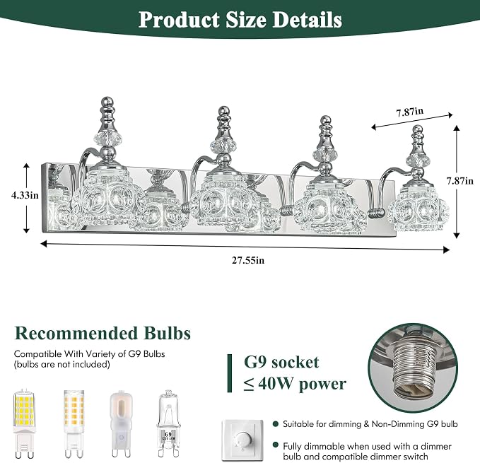 4-Light Vintage Bathroom Vanity Light Fixture Industrial Chrome with Glass Shade Vanity Light Fixtures Over Mirror Glass Bathroom Vanity Lighting Fixtures G9 Bulb Wall Lights