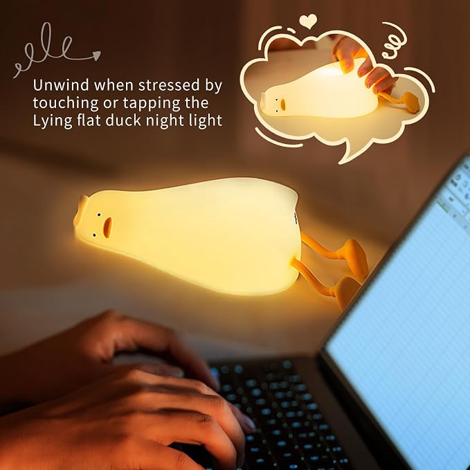 Duck Night Light, Soft Squishy Silicone Kids Nightlight, Lying Flat 3 Level Dimmable Touch Lamp with Timer, 1200mAh USB Rechargeable Baby Nursery Lamp,Xmas Gifts Kawaii Bedroom Decor