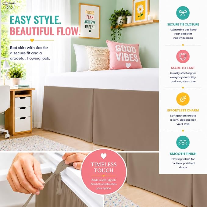 Cottington Lane Tailored Box Pleated College Dorm Bed Skirt Twin XL, Hotel Quality Premium Brushed Microfiber Extra Long Bedskirt Twin XL 40 Inch Drop, Taupe Dorm Bedding