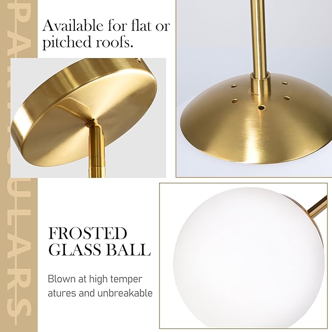 14" Globe Pendant Light 3-Light Gold Mid Century Modern Light Fixture Milk Glass Pendant Light Globe Pendant Lights Kitchen Island Brushed Brass Finished with Milk Glass Lampshade for Bedroom
