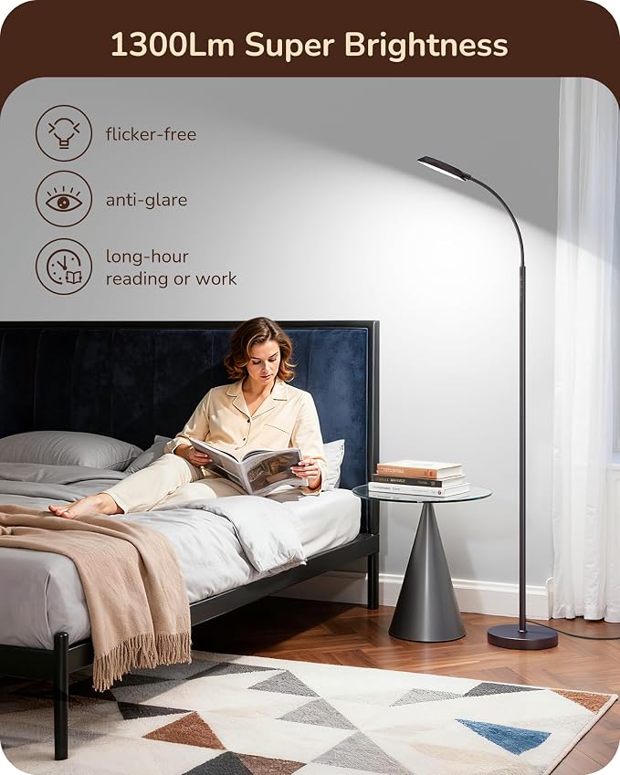 EDISHINE Modern LED Floor Lamp 1300LM Floor Lamps for Living Room Brown | Dimmable, 4 Color Temperature, Remote & Touch Control, 2 Timer, Adjustable Gooseneck for Bedroom, Office