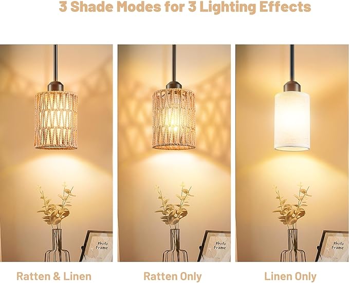 Pendant Light Boho Hanging Lamp - Rattan & Linen 2-in-1 Shade, Adjustable Hanging Lights Fixture for Kitchen Island, Dining Room, Farmhouse, Bedroom (1 Pack)