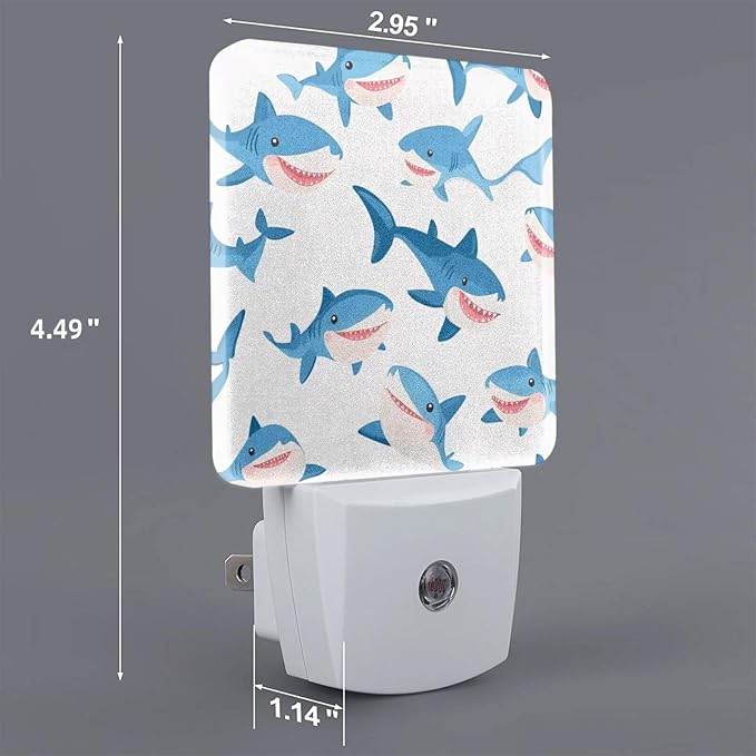 Cartoon Blue Sharks LED Plug-in Night Lamp 2 Piece Set, Auto Sensor Nightlights Set of 2 for Bedroom Bathroom Corridors