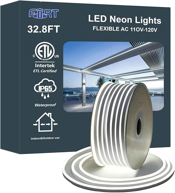 FORT LED Rope Lights AC 120V,Cuttable 120LEDs/M Dotless Neon Strip Lighting, ETL IP66 Waterproof & Weather-Resistant for Home Commercial Decor use, 8x16mm, 6000K White neon Light Strip 32.8FT
