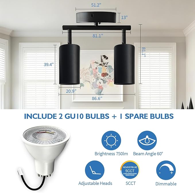 Jolux LED 2 Light Track Lighting Kit, Black 2 Way Ceiling Spot Lighting Fixture, Flexibly Rotatable Light Head with Included 2 GU10 Bulbs (750LM, Select 5CCT) for Kitchen, Gallery Art Walls, Hallway