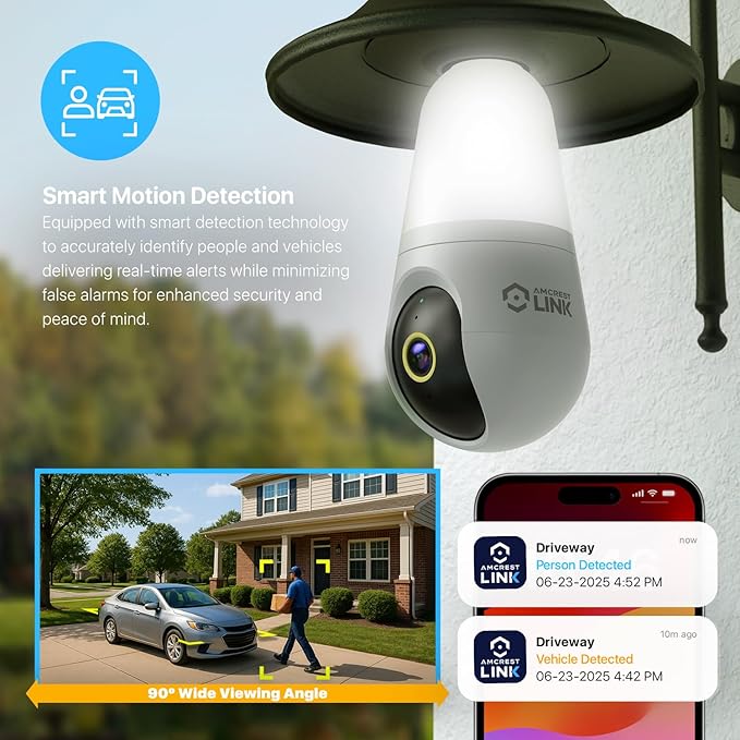 Amcrest Link 4MP Light Bulb WiFi Indoor/Outdoor Camera, Human Detection, 90.5° FOV, Pan/Tilt, IP45, AI Night Color, 2.4GHz/5GHz Dual Band Camera, Supports MicroSD Storage up 128GB