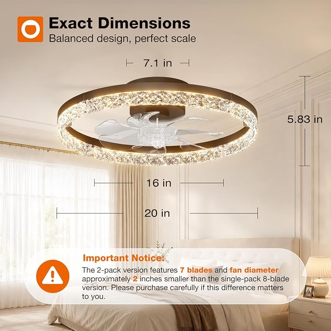 addlon 2 Pack 20 Inch Low Profile Ceiling Fans with Lights, Remote, Black | Flush Mount Fandelier, 3CCT Dimmable LED, Bluetooth App/Remote, Timer, Memory, Reversible DC Motor, Bedroom/Kids room