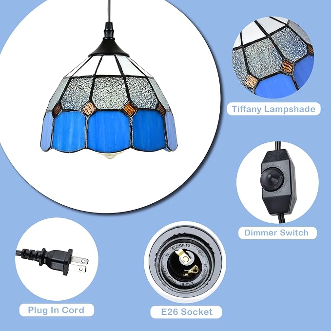 Tiffany Style Plug in Pendant Light Mini Chandelier with 16.4 Ft Hanging Cord and in Line On/Off Dimmer Switch, Vintage Swag Ceiling Lamp for Dining Room, Bedroom or Porch (7.9" in Width)