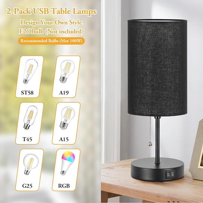 Set of 2 Table Lamps with 2 USB Ports, Bedside Lamps for Bedrooms, Modern Nightstand Lamps with Pull Chain, Minimalist Desk Lamps with Black Fabric Shade and Metal Base for Living Room Home Office