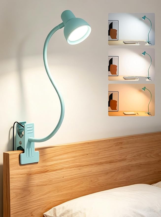 Clip on Reading Light for Bed 3 Color Modes Teal | 10 Brightness Dimmable, Flexible Gooseneck Clip on Lamp, Eye Care Clip Light for Bed Headboard Desk Home Dorm