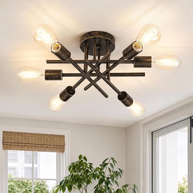 6-Light Semi Flush Mount Ceiling Light Fixture, Modern Industrial Sputnik Ceiling Light, E26 Close to Ceiling Light for Kitchen, Bedroom, Dining Room, Living Room, Hallway, Black Brushed Gold