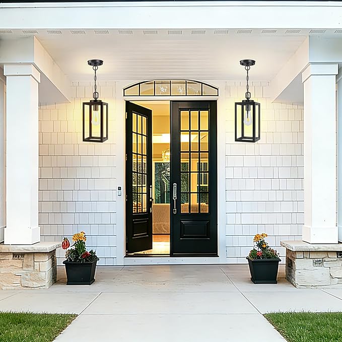 2 Pack 13" Outdoor Pendant Light for Porch,Black Lantern Hanging Chandelier with Adjustable Chain, Anti-Rust Exterior Hanging Ceiling Fixture for Hallway,Front Door,Entryway Patio.
