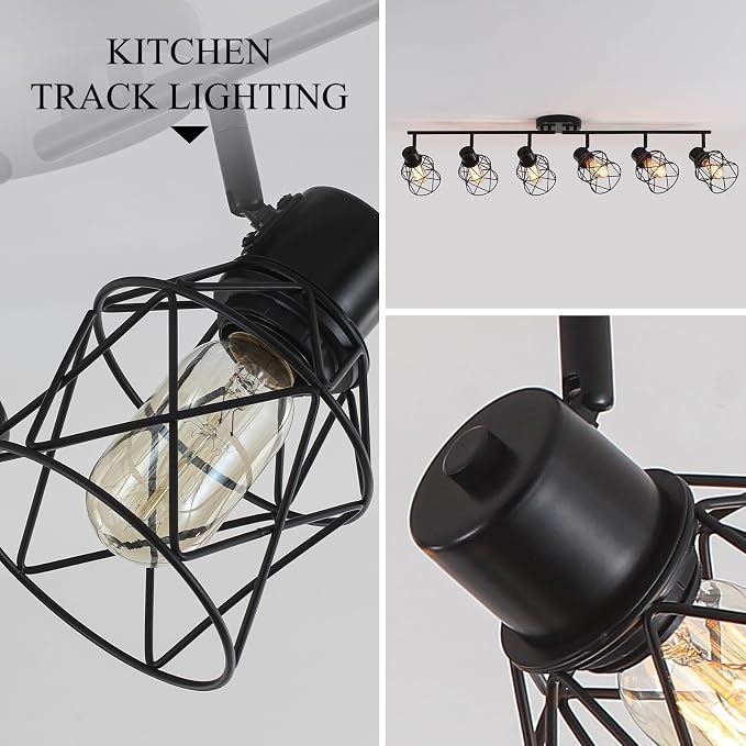 6 Lights Adjustable Multi-Directional Black Light Fixtures, Semi Flush Mount Ceiling Light, Kitchen Light Fixtures, Track Lighting Fixtures Metal Cage Industrial Spotlight Fixtures for Dining Room