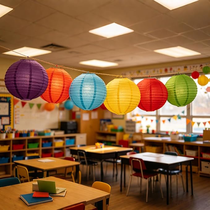 Colorful Paper Lanterns Set (12 Pcs) - 6/8/10 Inch Purple, Orange Red,Blue,Yellow, Red,Green Round Hanging Paper Lanterns for Rainbow Party, Carnival Celebration, Back to School Decor