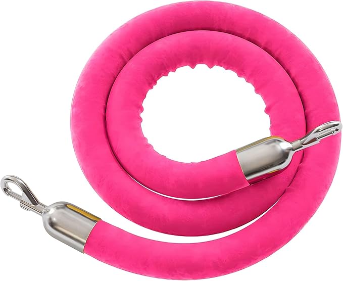 Montour Line Velvet Hanging Stanchion Rope Foam Core, 8 Foot Pink Rope with Polished Stainless Steel Snap Ends