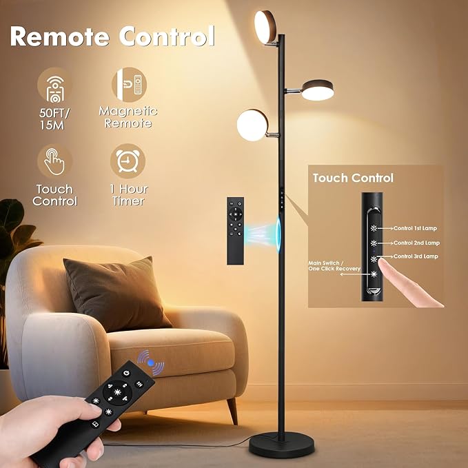 Tree Floor Lamp for Living Room - Modern Black Standing Lamp | LED Floor Light with Remote & Touch, 3000K-6000K Dimmable for Bedroom Office Reading (3 Head)