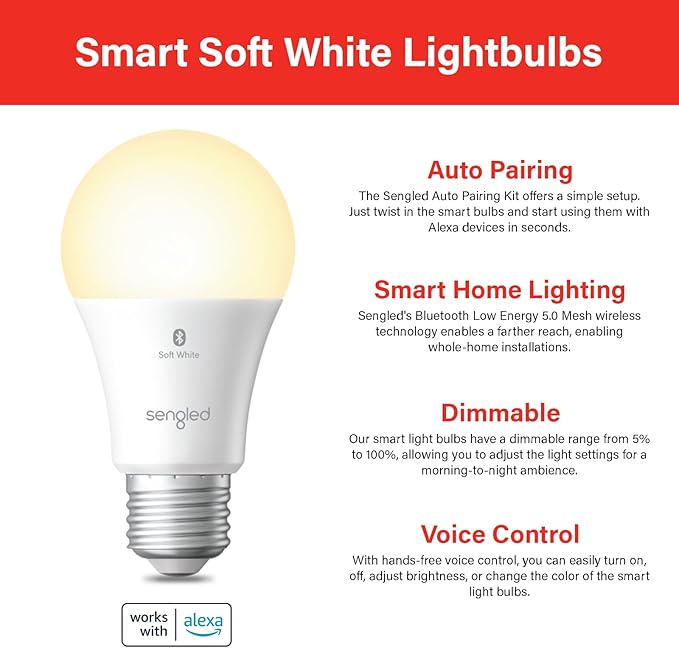 Sengled Alexa Light Bulbs 100W Equivalent, Smart Light Bulbs 1500 LM Bluetooth Mesh, Smart Bulbs That Work with Alexa Only, High Brightness, Soft White A19 2700K Dimmable Bulb, No Hub Required, 2 Pack