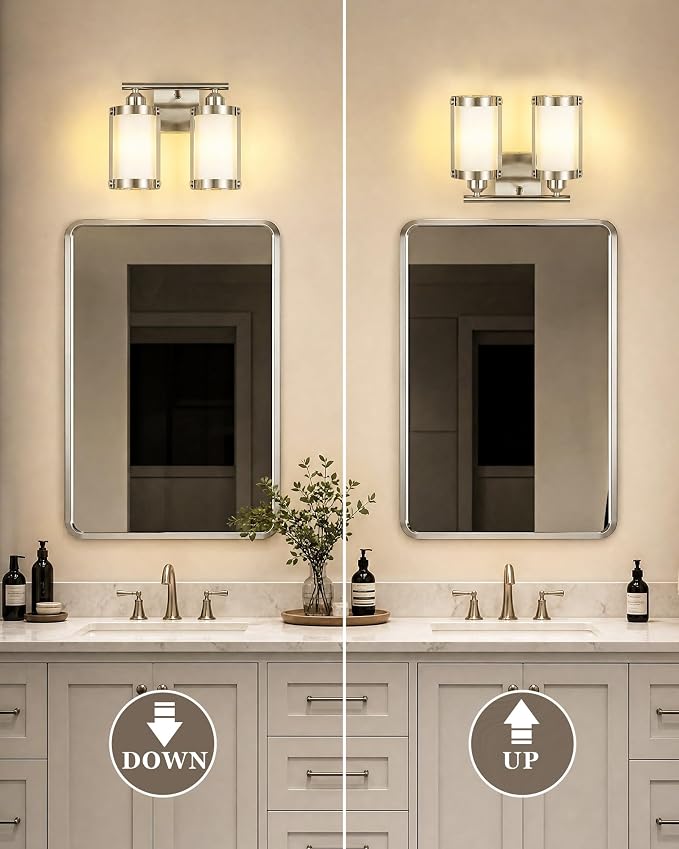 2-Light Brushed Nickel Bathroom Light Fixtures with Milk White Frosted Glass, 13.2" UL-Listed Modern Wall Sconce Over Mirror with Metal Cage for Bath, Hardwire E26, OS-3014BNW-2W