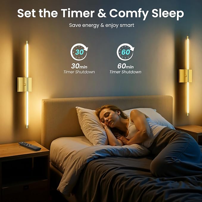 10000mAh Battery Operated Wall Sconces Set of 2, Gold, 29 Inch, 3CCT | Renter Friendly, Rechargeable Wall Lights, Remote Control, 360° Rotate, Dimmable, LED Cordless Lights for Bedroom Living Room