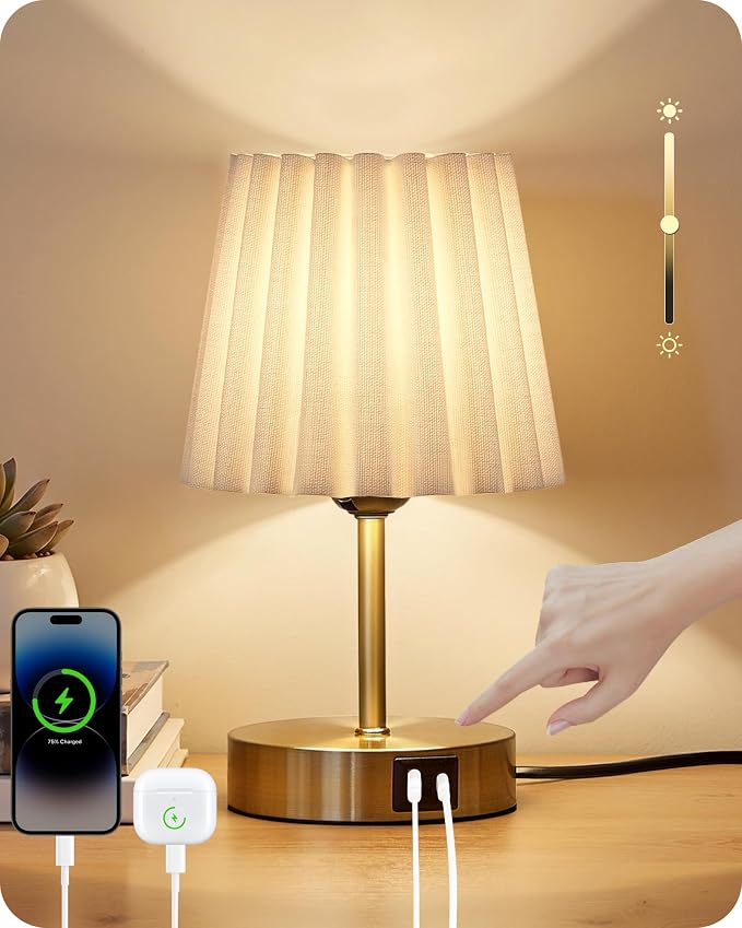 Small Bedside Table Lamp, Touch Dimmable Table Lamp with USB Ports, Nightstand Lamp with a Stepless Dimming LED Bulb, E26 Base, for Bedroom, Study, Desk, Gold and White DW16TL05