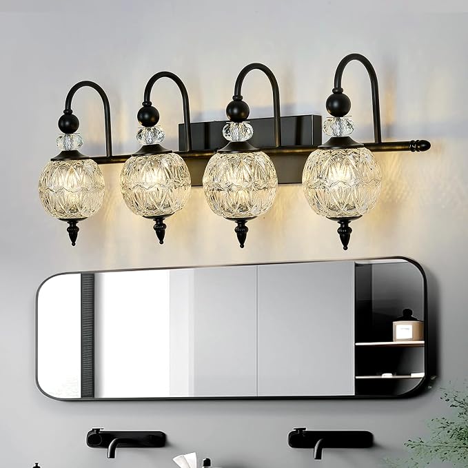 Piepooye Vintage Bathroom Light Fixtures Black Vanity Light with Glass Globe LampShade 4 Lights Mid Century G9 Bulb Wall Sconce Indoor Vanity Light Over Mirror for Kitchen Bedroom Farmhouse
