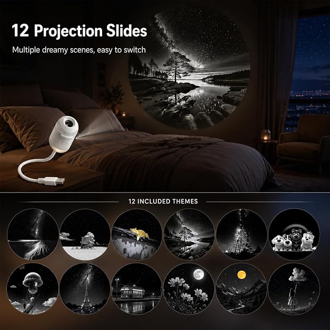 Galaxy Star Night Light Projector, 2-in-1 Portable with 12 Projection Films, 360° Adjustable Control Eye‑Caring LED Night Light for Kids Adults Bedroom Home Ceiling Car Decor Gift (Black)