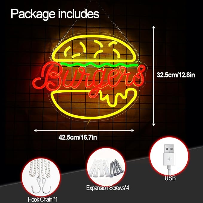 Hamburger Neon Sign USB Powered Wall Decor | Adjustable Brightness, Energy Efficient, 3D LED Light, Restaurant Bedroom Cafe Kids Room, 12.8x16.7in