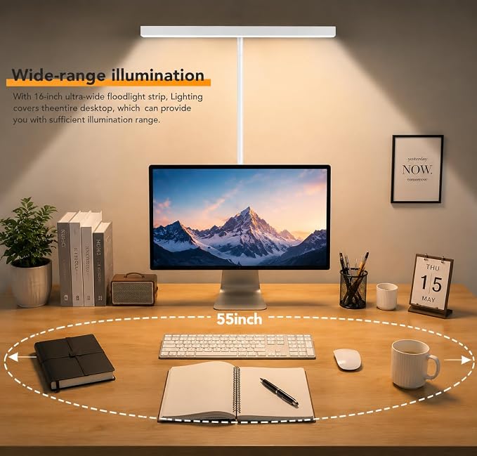 LED Desk Lamp with clamp, Remote Control Desk Lamp, 5 Color Modes & 10 Brightness Levels, 17'' Wide Light Bar, Eye Caring Gooseneck Desk Light, Adapter Included