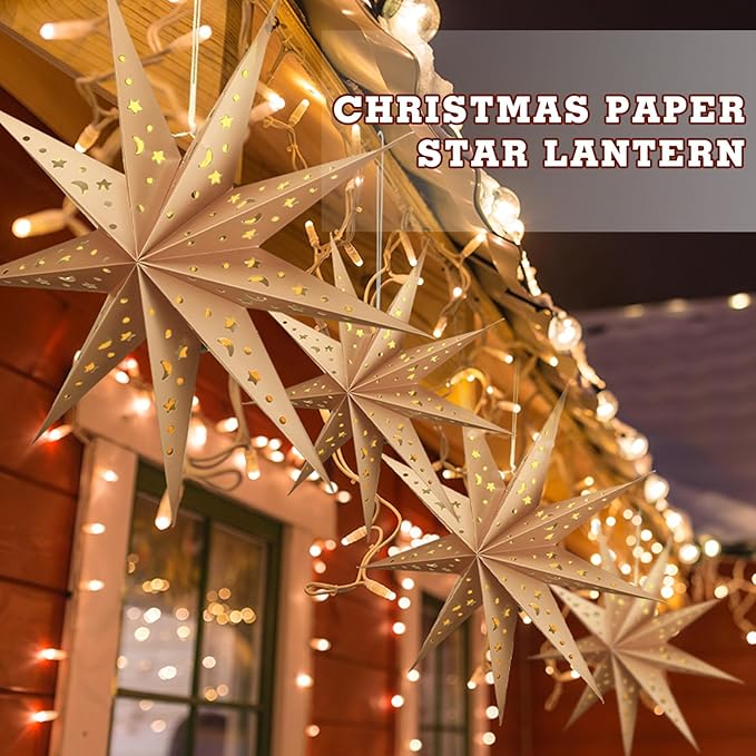 5-Piece 3D Paper Lantern - 24 inch Hollow Star Lamps - Xmas, Wedding, Birthday Multicolor Pack (9 Pointed Stars, Light Khaki)