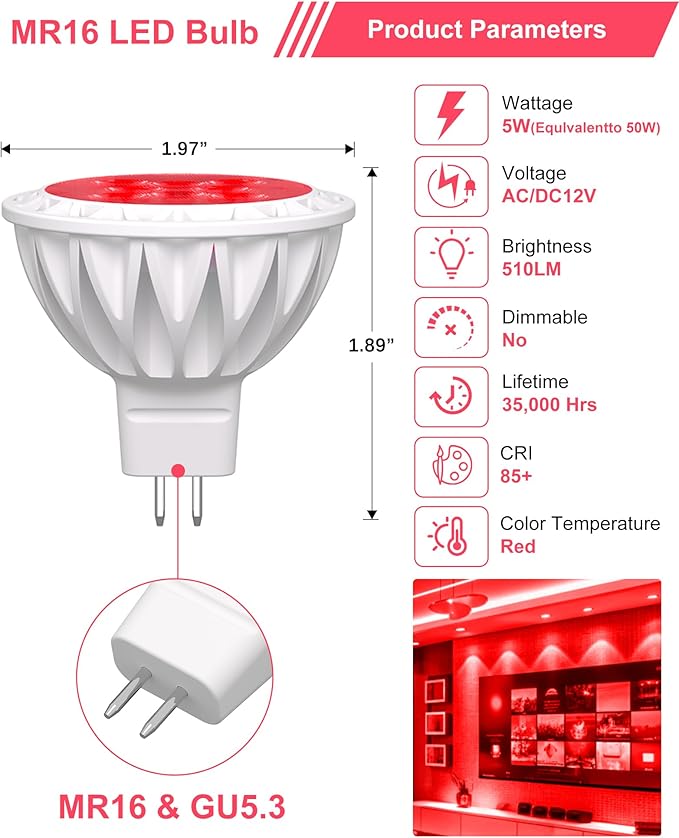 6-Pack MR16 RED LED Bulbs-Festive 5W 50W Halogen Equivalent GU5.3 12V 38° Spotlight for Christmas, Holidays, Landscape & Indoor Outdoor