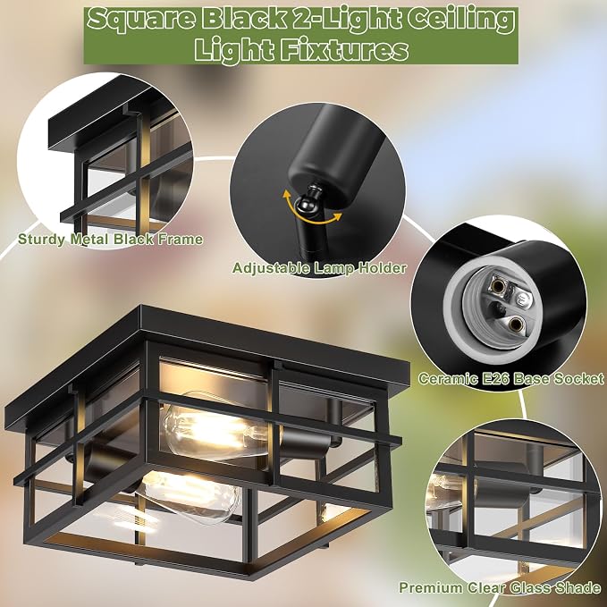 Asnxcju 2-Light Black Flush Mount Ceiling Light, Farmhouse Kitchen Lighting Fixtures with Clear Glass, Outdoor Porch Lights Ceiling Mount, Square Hallway Light Fixtures for Bedroom Living Room Balcony