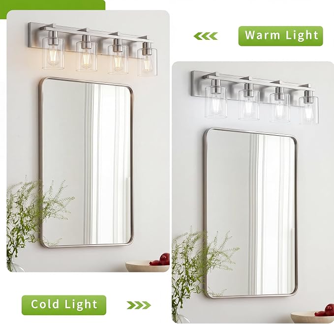 Bathroom Vanity Light,4 Light Nickel Light Fixture with Thickened Clear Glass Shade, 21 inch Dimmable Modern Wall Sconce, Bathrooms Vanity Light Over Mirror for Bathroom