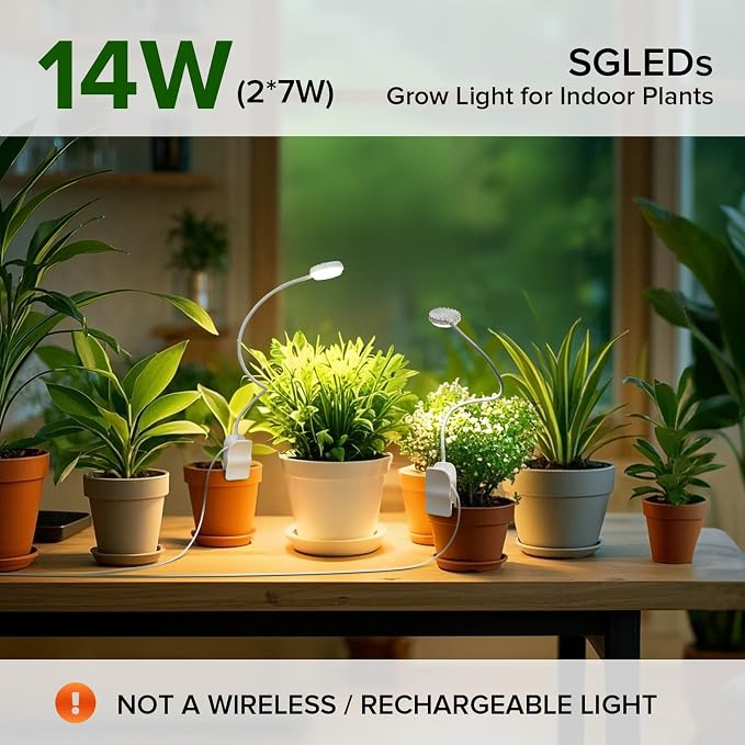 Clip-On Grow Lights for Indoor Plants, 2-in-1 Dual Head Timer | Flexible gooseneck arms bend to aim each head; 4000K full spectrum LED with CRI 95 and 4 dimming levels for leafy
