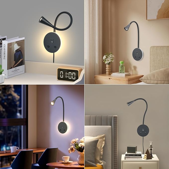 Black Headboard Reading Light with Nightlight, 2 Pack Wall Mounted Reading Lights with Switch, Plug-in Hardwired Reading Lamp for Bedtime Reading, Gooseneck Reading Sconces for Bedroom, Bedside