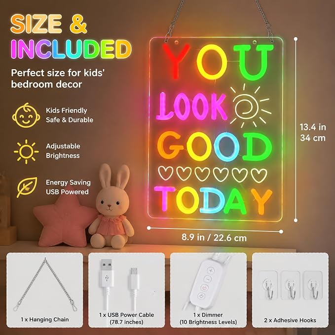 You Look Good Today Neon Sign for Wall Decor, Colorful Led Neon Light for Bathroom Bedroom Decor, Dimmable Mood Lighting for Office Cloakroom Party Kids Room Bar, 5V USB