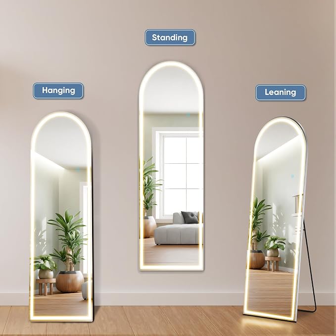 DUMOS Arched LED Mirror Full Length Standing, 16"x60" Full Body Wall Mirror | LED Lights 3 Color Lighting and Shatterproof Tempered Glass, Wall Hanging or Leaning, Floor Standing, Modern Home Decor