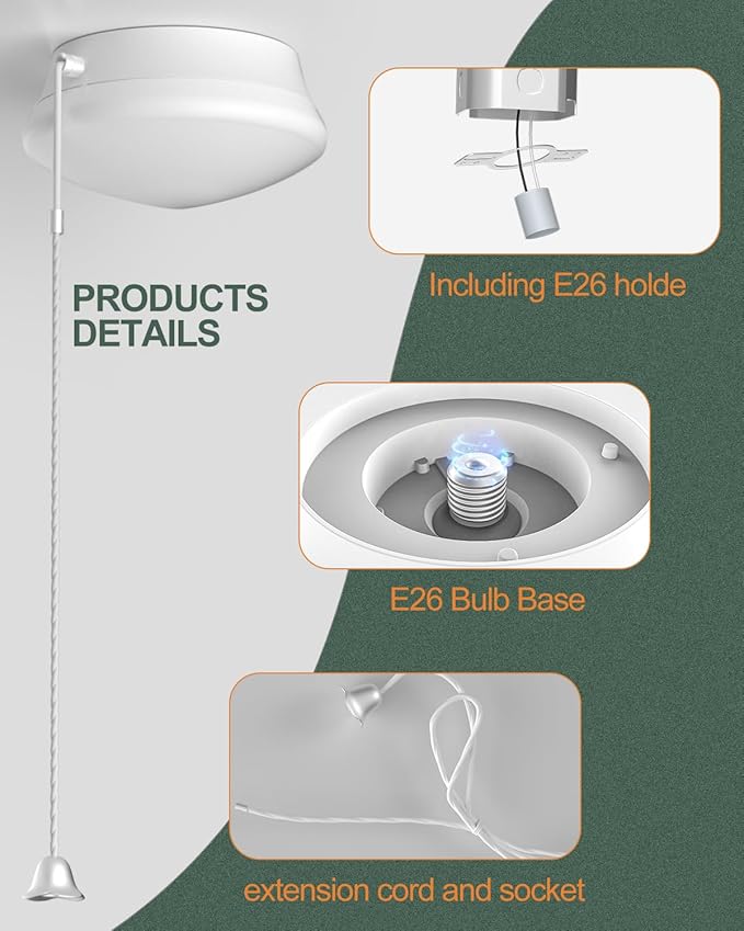 Flush Mount Ceiling Light with Pull Chain Surface Mount LED Light Fixture for Closet, 7 inch 12W 1300lm 125W Equivalent Pull String Light Fixture Ceiling Mount for Laundry, Bedroom, Hallway-4Pack