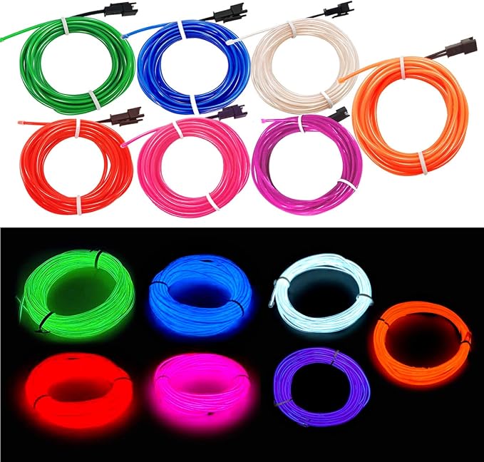 MaxLax EL Wire 7 Pack, 16.4ft Neon Light Wire Noise Reduction with Battery Pack(7 Color)… (16.4ft)…