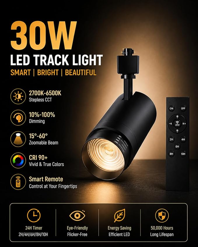 30W Zoomable LED Track Lighting Heads, Remote Control H Type Track Light Fixtures, 15°-60° Beam Angle, 2700K-6500K Stepless Dimming 3000LM CRI90+ Black Ceiling Spotlight, 6 Pack