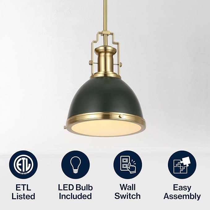JONATHAN Y Homer Industrial Dome Pendant 10", Kombu Green/Brass Gold | 1-Light, Farmhouse Style, Adjustable Hanging Height, Glass Diffuser, Sloped Ceiling Compatible, Metal, LED Bulb Included