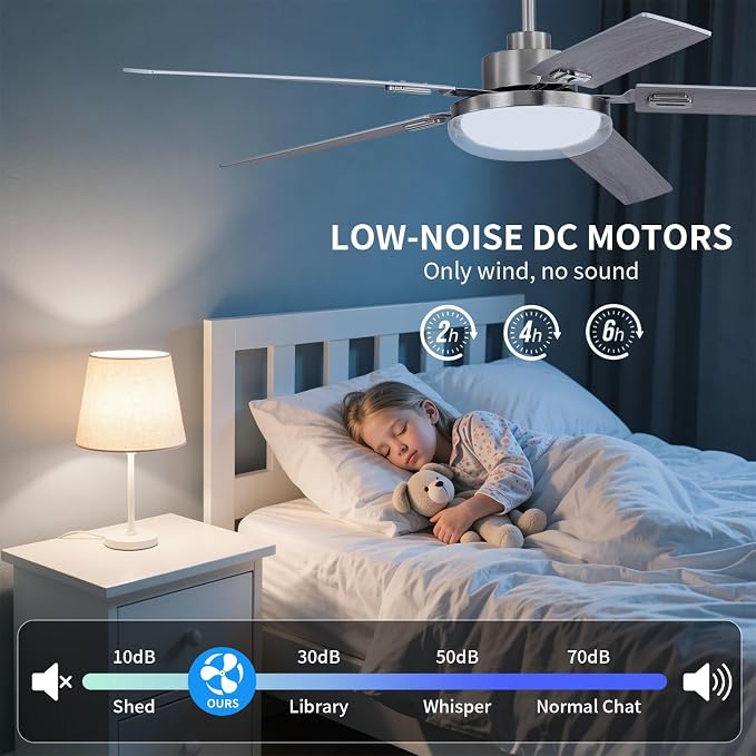 60 Inch Ceiling Fans with Lights and Remote, Living Room Office Industrial, 5CCT Dimmable, Dual Color 5 Blades, 6 Speed Reversible Quiet DC Motor, Double-Layer Lampshade, Sand-nickel/Wood Grain