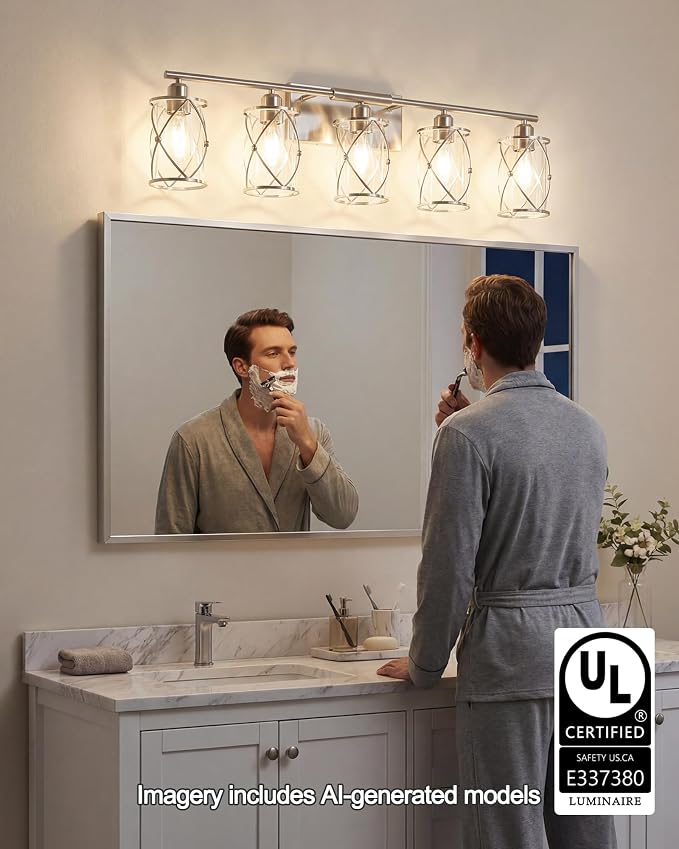 5-Light Brushed Nickel Bathroom Light Fixtures Over Mirror, 38" UL-Listed Modern Wall Sconce Lights with Clear Glass and Metal Cage for Bath, Hardwire E26, CH9176BN-5W